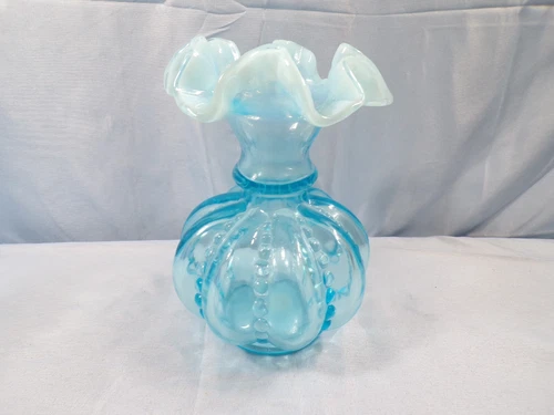 Fenton Blue Opalescent Glass Beaded Melon Vase 5 3/4" Tall