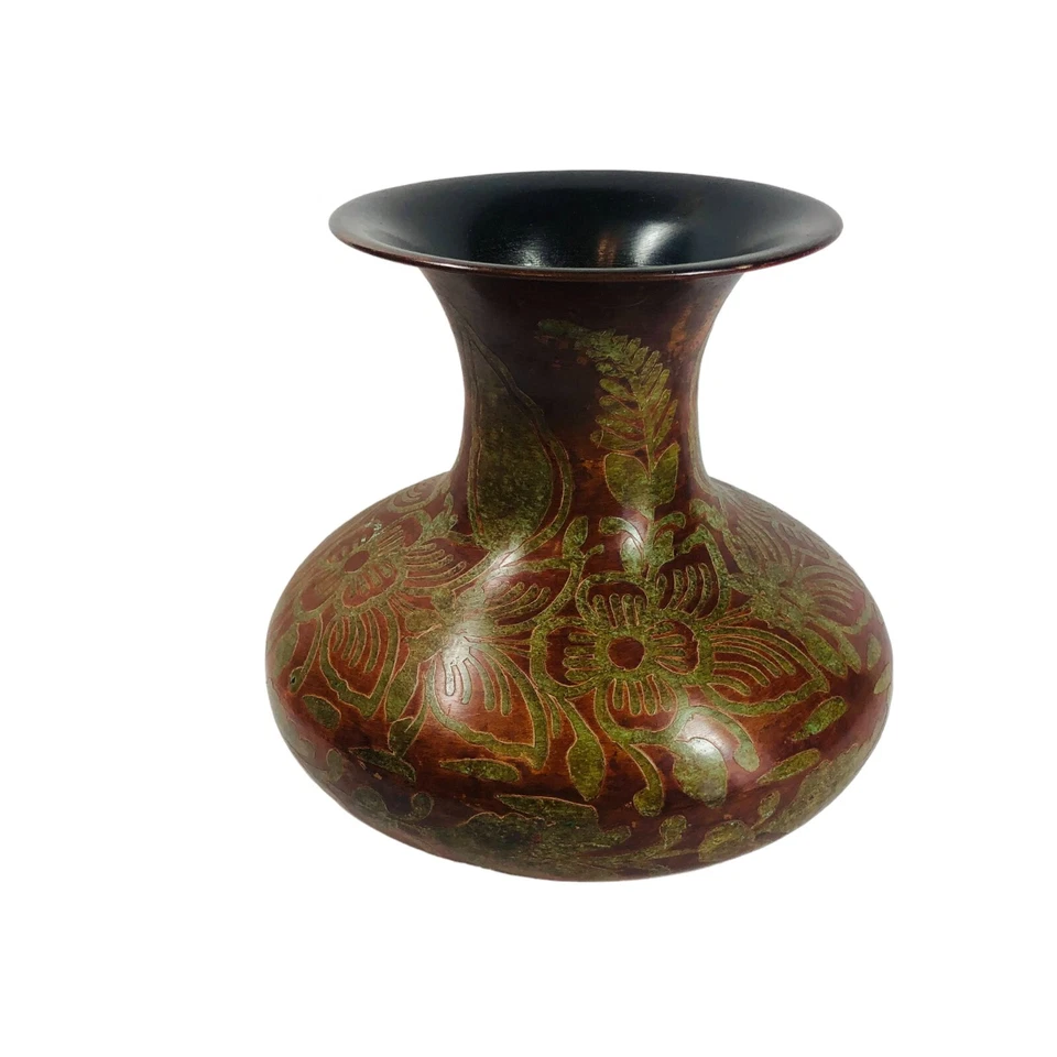 World Market Metal Green Copper Floral Vase 9.5" H - Made in India - Image 2 of 4