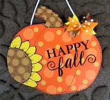 HAPPY FALL Wood PUMPKIN SUNFLOWER Sign Door Plaque Hanger Holiday Autumn