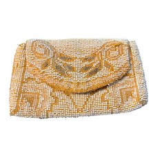 Vintage Beaded Envelope Clutch Bag Cream Amber Geometric Hand Strap Evening