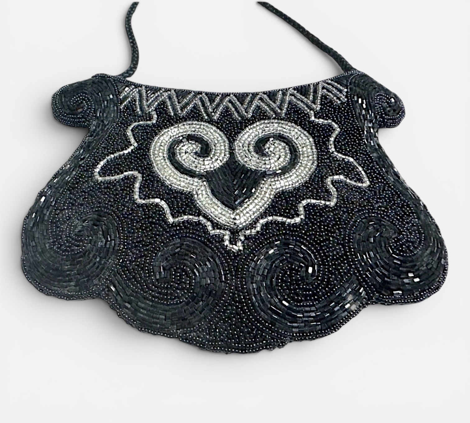 VTG  Beaded Purse Black Evening Bag Art Deco Heart Flapper