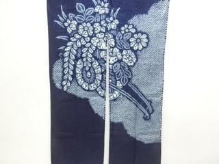 34969# JAPANESE KIMONO / NOREN (SHORT CURTAIN) / SHIBORI / INDIGO DYES / FLORAL