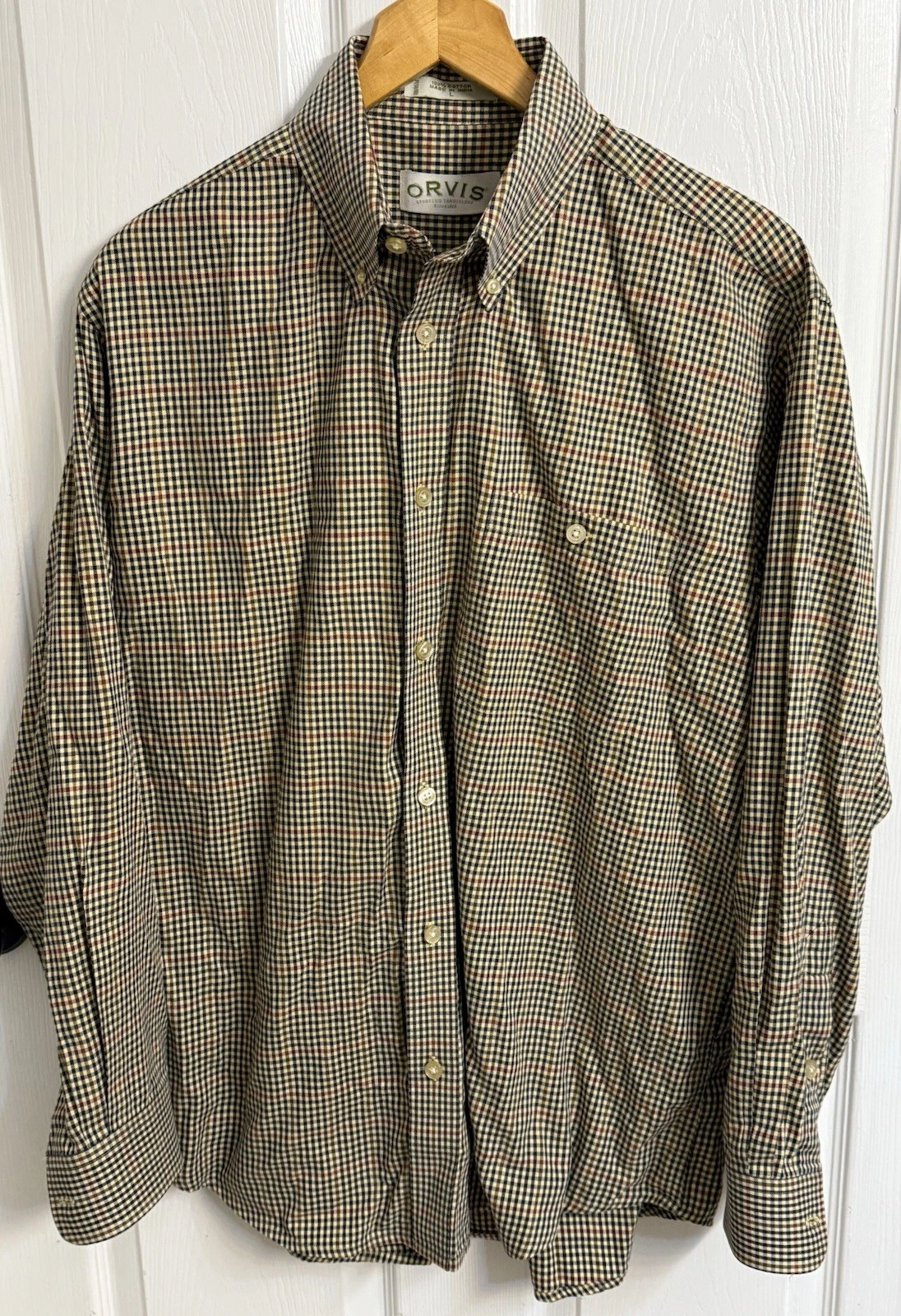 Orvis Shirt Mens Sz L Khaki w Red/Blue Striped Plaid Button Down Cotton Casual