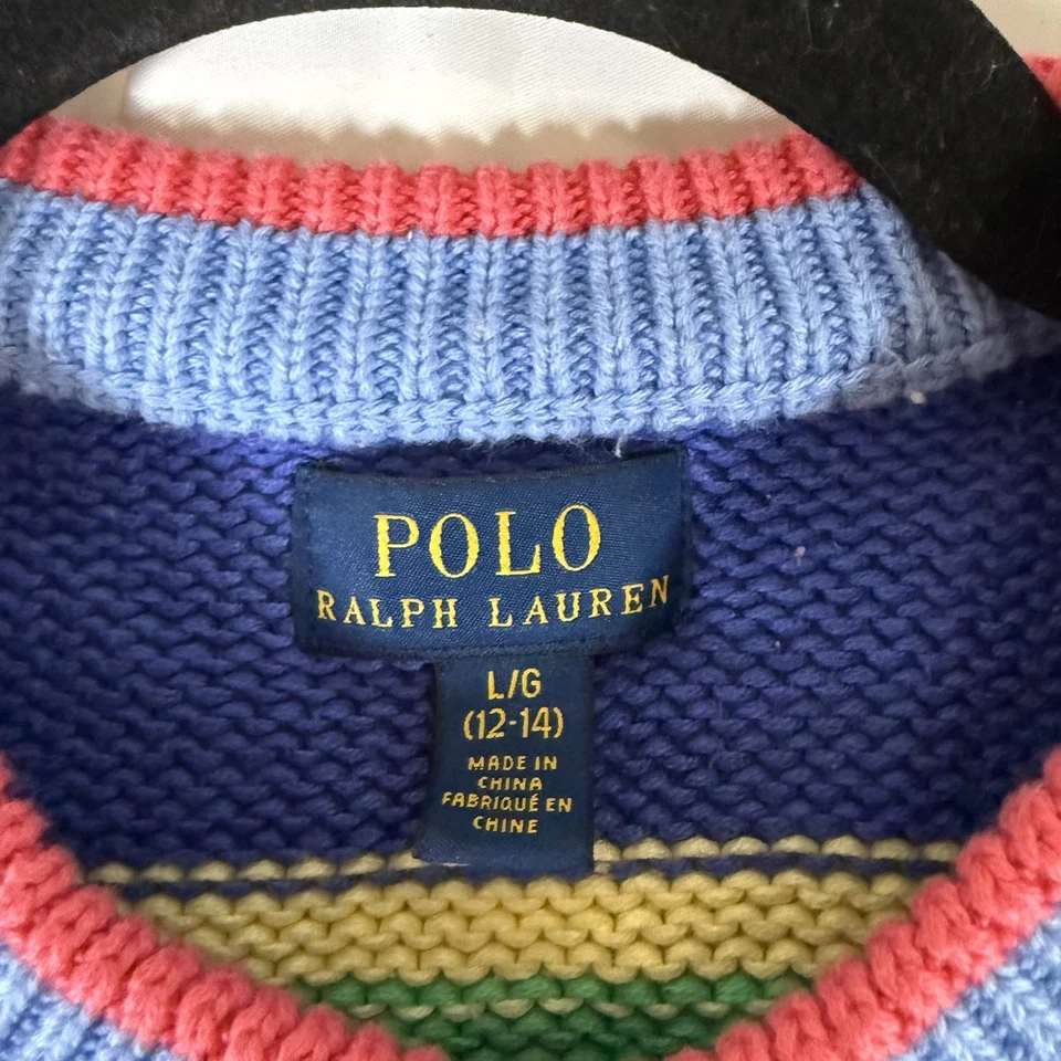 Polo Ralph Lauren Sweater Girls Large 14-16 Rainbow Striped Knit 100% Cotton - Image 4 of 4