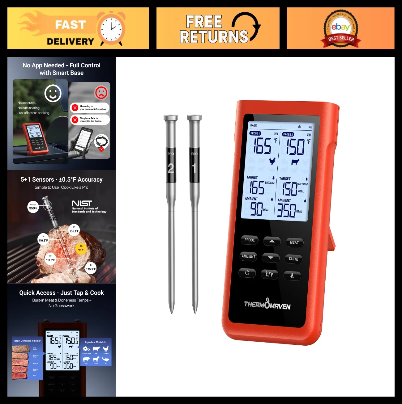 Smart Wireless Meat Thermometer - 3000FT Range, 6 Sensors, NIST Certified, LCD D