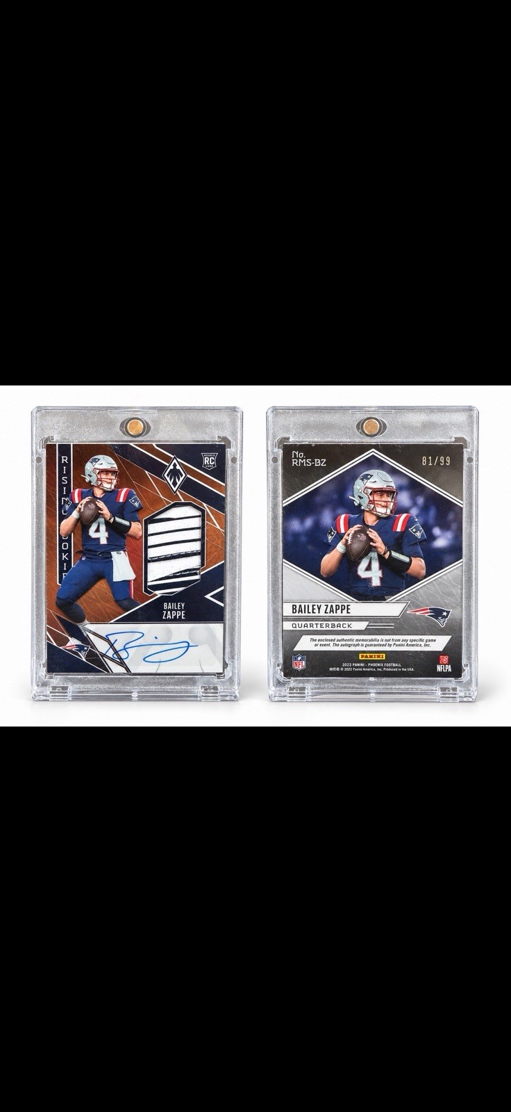 2022 Panini Phoenix Bailey Zappe Rising Rookie Patch Auto /99 RC Patriots