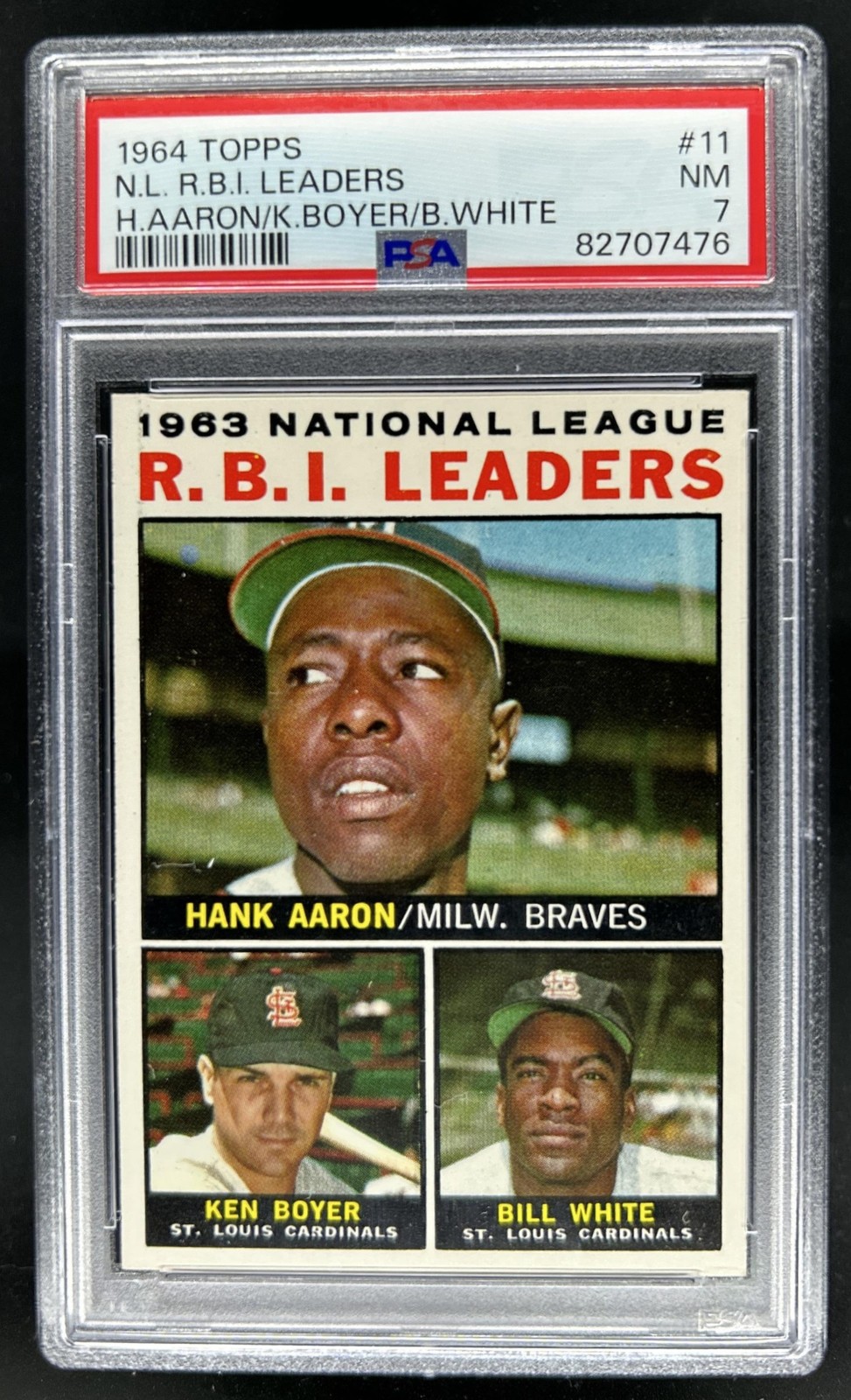 1964 Topps 1963 NL R.B.I. Leaders Hank Aaron Ken Boyer Bill White #11 PSA 7