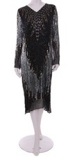 Vintage Long Midi Black Sequins Beads Dress Art Deco Gown Party Formal