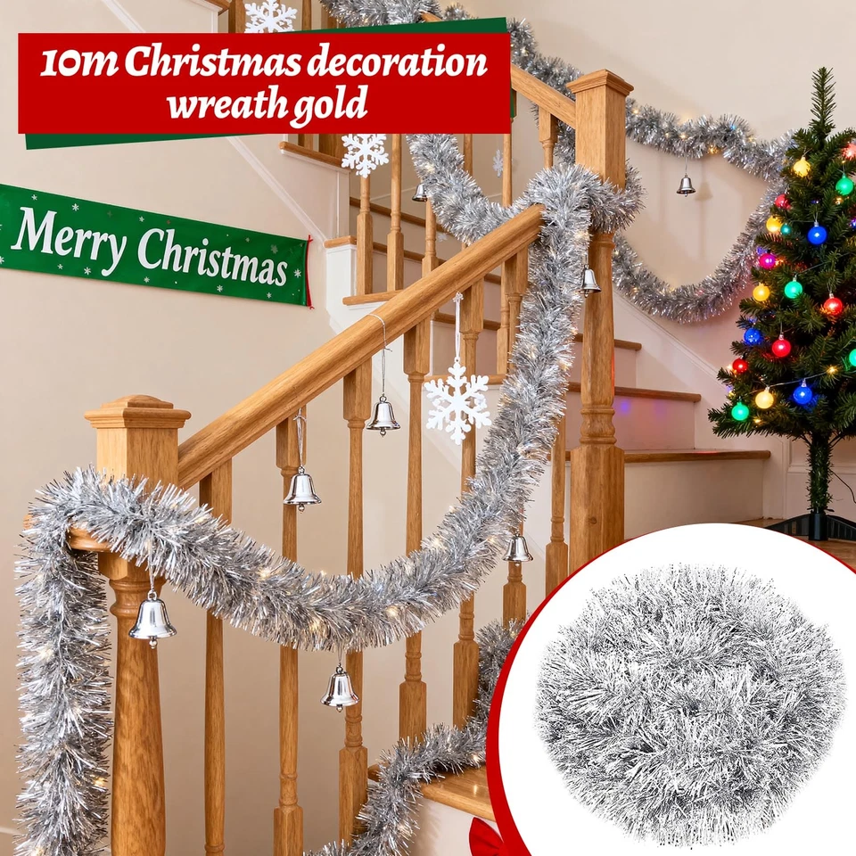 Ghirlanda Natalizia per Porta e Scale 10M Argento Festoni Natalizi Ghirlande - Immagine 3 di 4