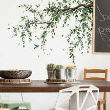 Tree Branches Green Leaves Wall Stickers, Bird Green Plants Wall Decals Large