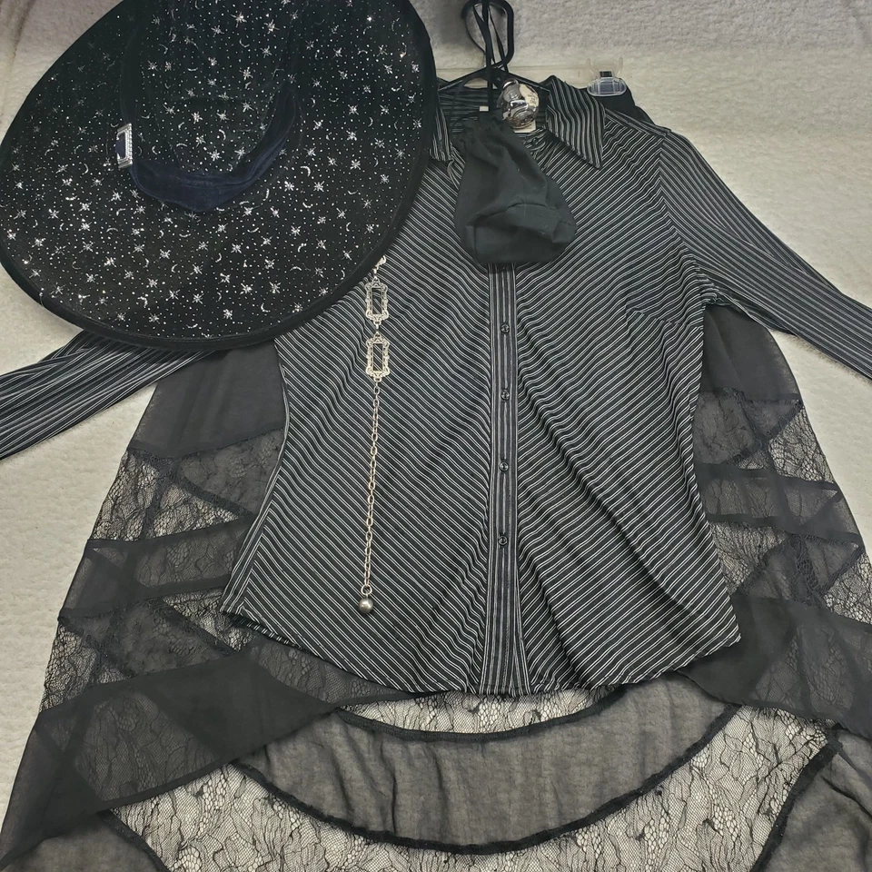 Women's Witch Wizard Costume Outfit Small Black Striped Sheer Sexy Skirt Hat - Image 3 of 4