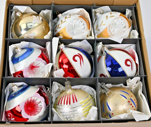 Vintage Original Box Large Polish Blown Glass Christmas Ornaments