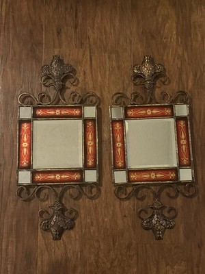 Vintage Ornate Spanish Style Wall Mirror Set, Red, Bronze, Gold