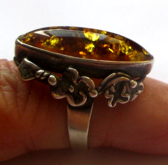 Bague Vintage Argent Massif 925 Poinçonnée Avec Ambre Véritable - Taille 51 - Bijou Ancien Déclaration
