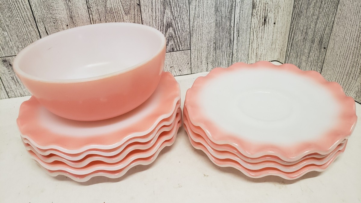 9 VTG Hazel Atlas Pink Crinoline Ruffle Saucers/Plates Cottagecore