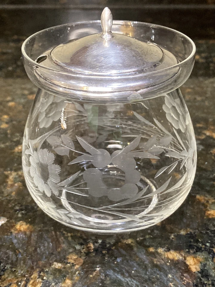 Vintage Watson Etched Crystal Glass Marmalade/Jam Jar & Sterling Silver Lid - Image 3 of 4