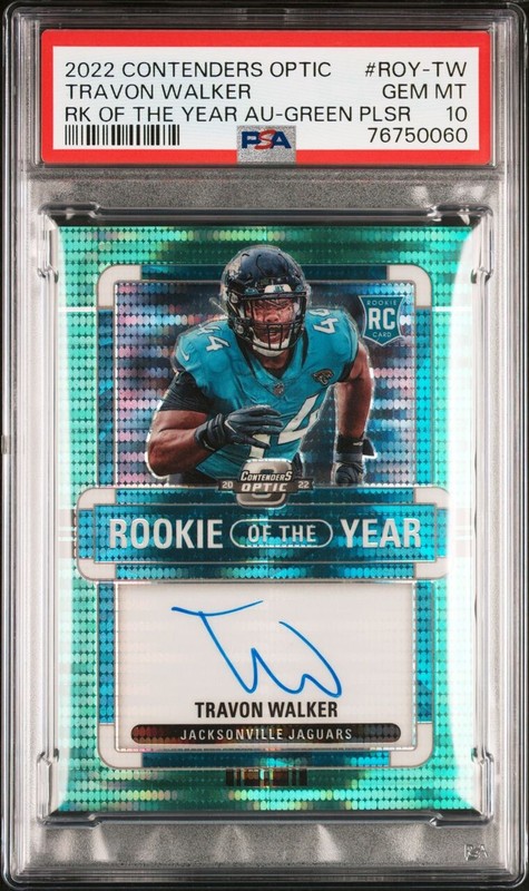 TRAVON WALKER 2022 CONTENDERS OPTIC RK OF THE YEAR GREEN PULSAR AUTO MINT 10PSA