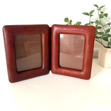 Vintage Italian Leather Double Photo Picture Frame ~ Brown Burgundy Bifold 4x6