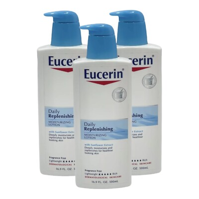3 Pack Eucerin Daily Replenishing Moisturizing Lotion Fragrance Free 16.9 oz