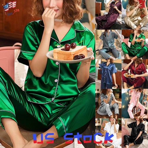 Women's Silk Satin Pajamas Set Short Sleeve Button-Down Sleepwear Loungewear PJS