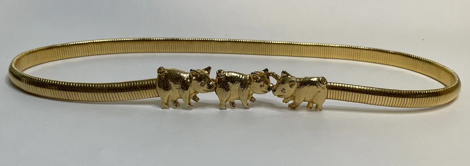 Cinturón de Colección Mimi di N Tono Dorado 26-30 Tres Cerditos 1973 Firmado Elástico Elástico Foto 2 de 4