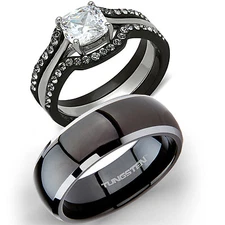 His Titanium & Hers 4 Pc Black Stainless Steel Wedding Engagement Ring Band Set