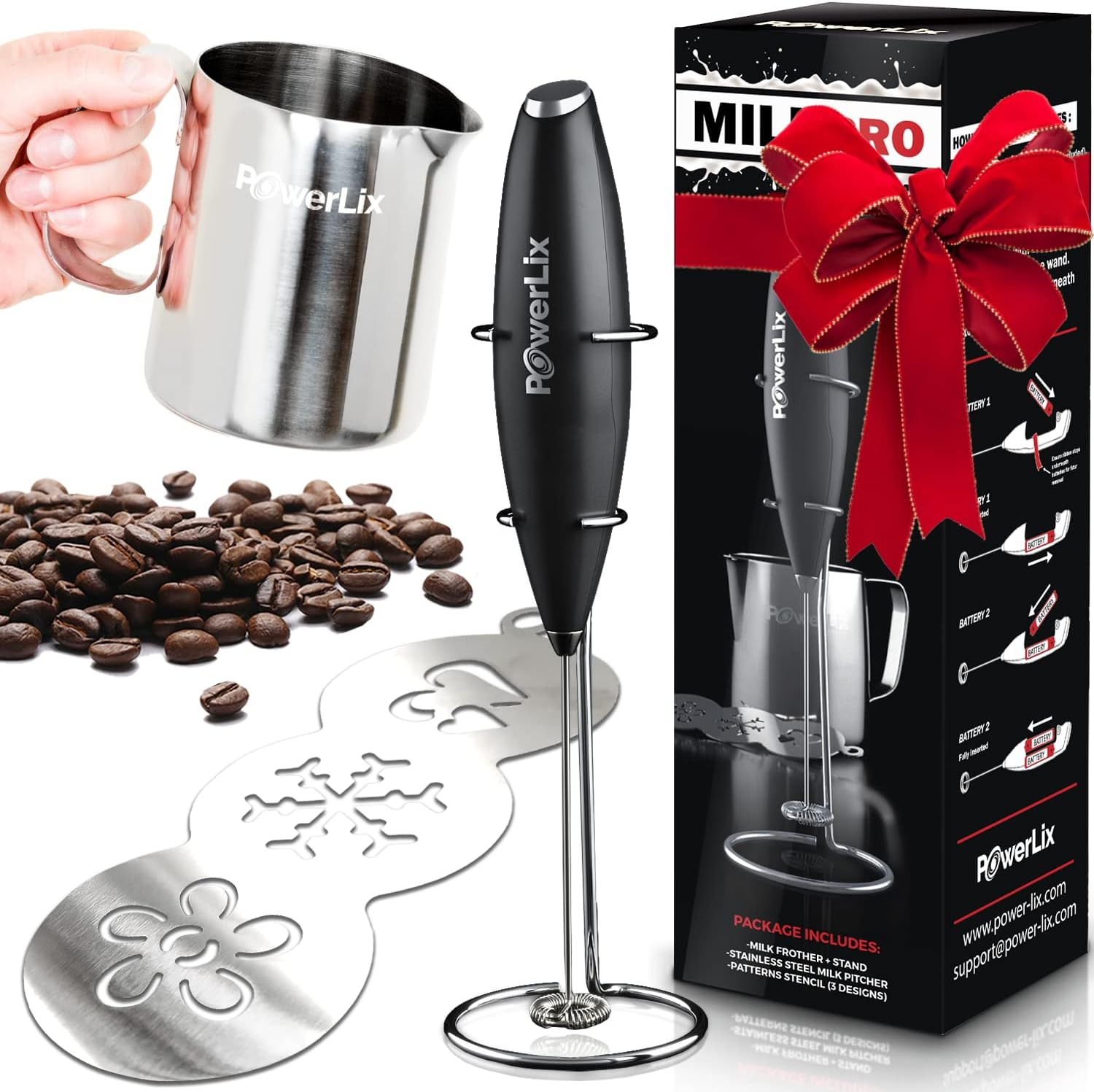 Milk Frother with Stand Set Handheld Battery Operated Electric Foam Maker Frothe-image