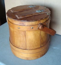 Vintage Sewing Basket Wood Firkin Bucket, Swing Handle, 10" tall