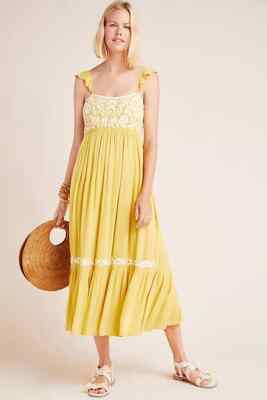 Rega Ruffle Sleeve Floral Embroidered Tiered Maxi Dress Yellow Small Ruffle Hem