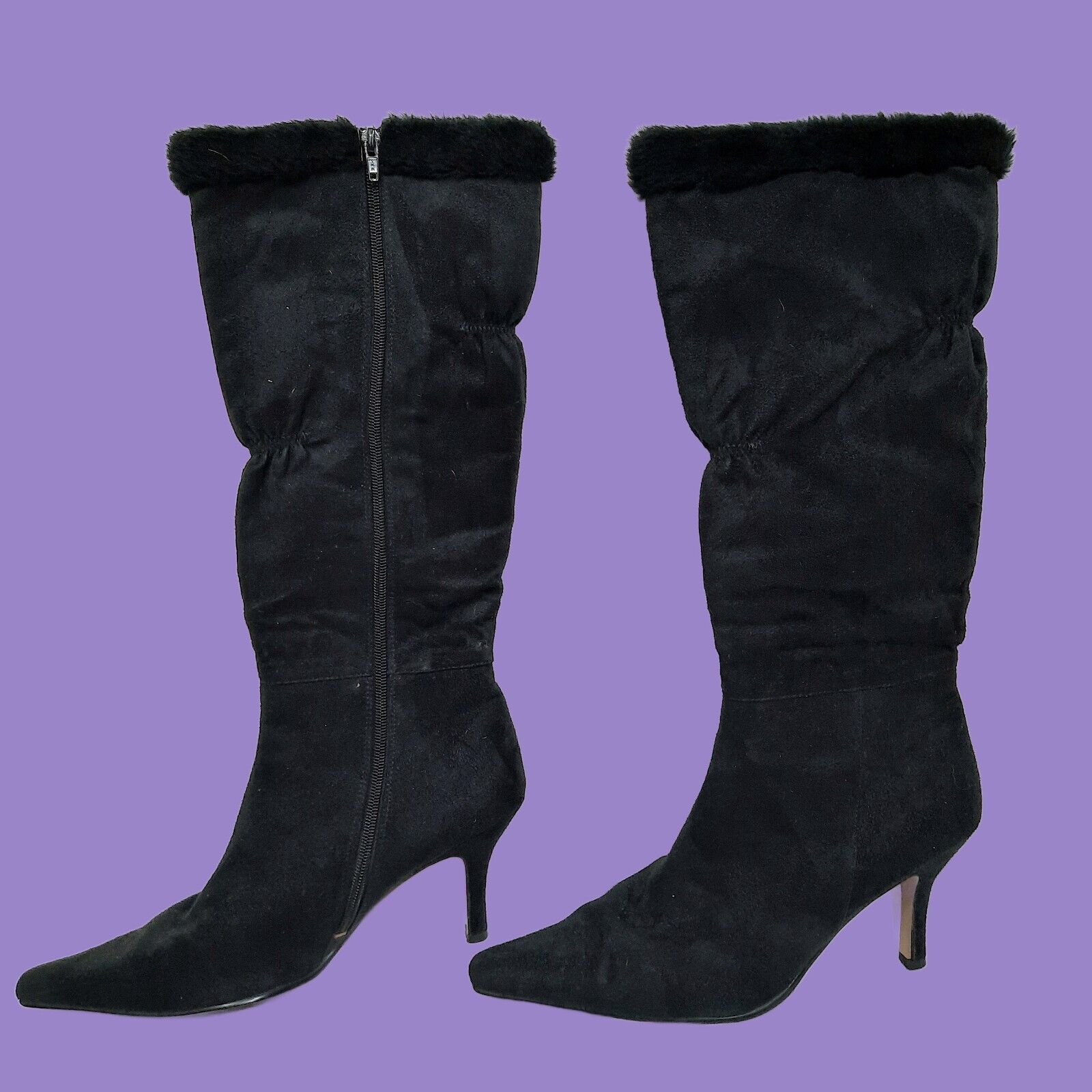 90s Y2K Knee High Boots Black Faux Suede Fur Trim… - image 4