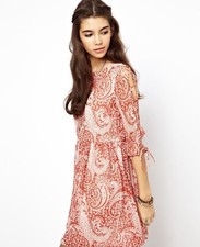 New ASOS Skater Cinch Dress Paisley Lace Up Details Size 6 UK 10 EU 38 nwt Boho