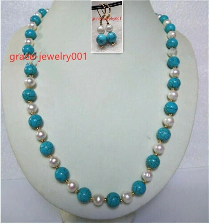 JUEGO DE PENDIENTES COLLAR PERLAS BLANCAS TURQUESA AAA MAR SUR NATURAL 7-8mm Foto 2 de 4