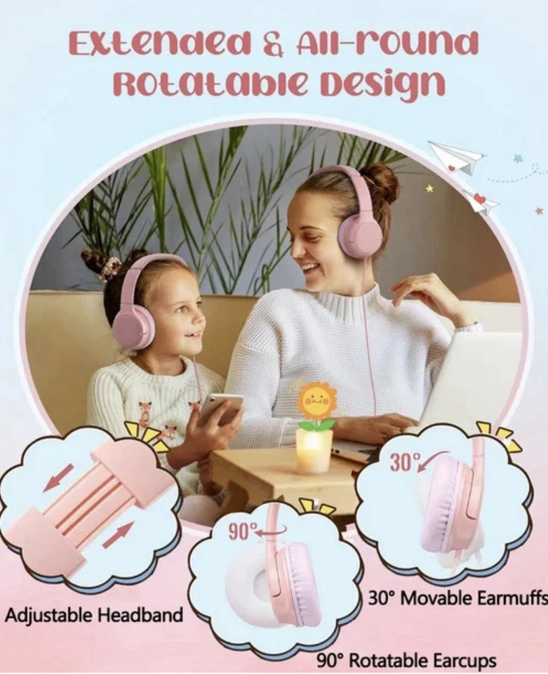 Mpow Kids Headphones for Kids - Pink - Foldable Safe Volume - A0044 - Image 3 of 4