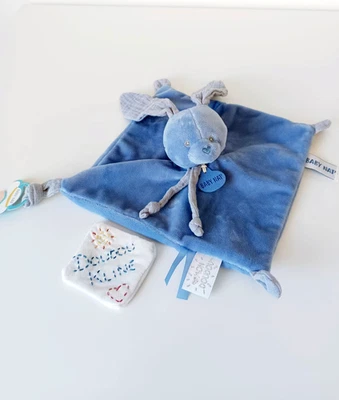 Mon Doudou Plat Carré Lapin Bleu Mystère Oreilles Lange Attache Tétine Baby Nat - Photo 1/4