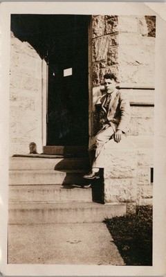 Vtg B&W Snapshot Handsome Man in Suit Sitting On Stone Steps Wall 1930s