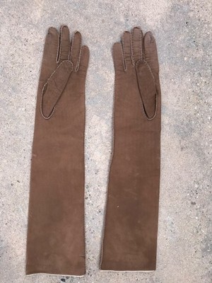 MaxMara Beige Double Lined Leather  Gloves  M 7.5, 19  Long Light Brown