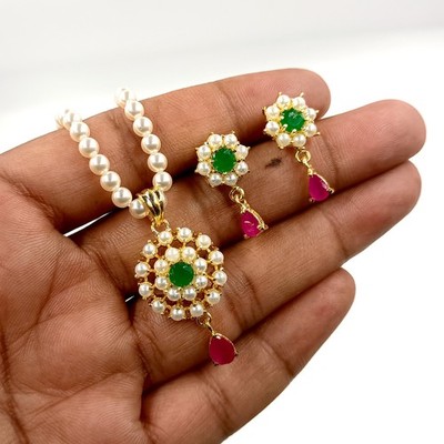 Multicolor Stone Pendant Set Pearl Ruby Emerald 22k Gold Plated Ethnic Necklace