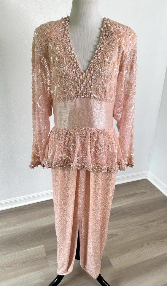 Vestido de Fiesta Vintage Lillie Rubí Rosa Con Cuentas Pesadas Años 80 Peplum Glamoroso L Foto 2 de 4