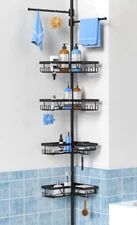 Black Shower Caddy Tension Pole with 2 Towel Bars, Adjustable Corner Bathroom...