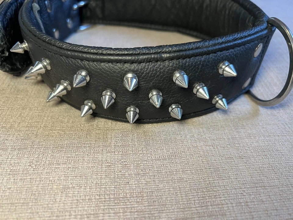 Ошейник собачий Angel натуральная кожа с шипами с заклепками широкий с подкладкой черный высокопрочный - Изображение 2 из 4