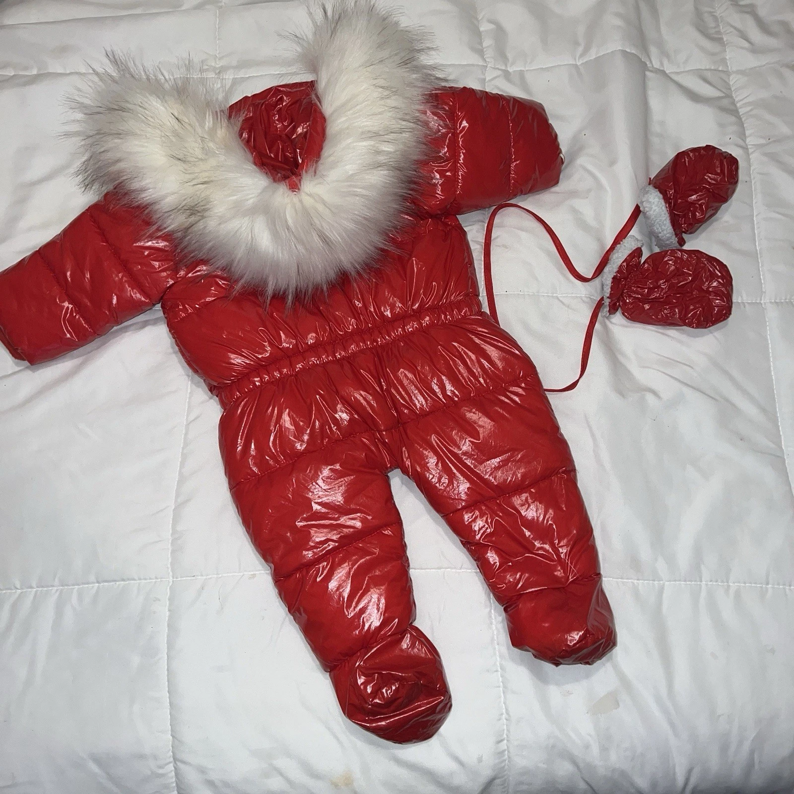 Luxury Red Baby Snow Suit 9-12 Mon. Removable Fur East Accessibility W Gloves