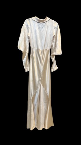 Antique 1920s 1930s Bias Cut Liquid Satin Wedding Gown Leg Of Mutton Sleeves S - Picture 18 of 21