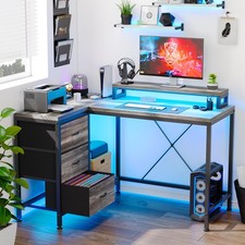 L-Shaped Gaming Desk with Power Outlets, Corner Desk with Drawers  LED Lights