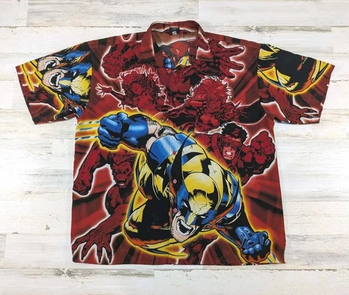Vintage Y2K Marvel Shirt Mens XXL 2XL Wolverine X Men All Over Print Button Up