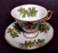 Japan Vtg Ucagco Lusterware Flower of the Month December Holly  Teacup & Saucer