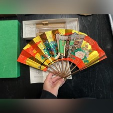 Colorful Decorative Hand Fan with frame Stand for table or walls with box VTG