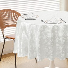 White 90" Round Satin Tablecloth, Jacquard Stain Resistant Table Cloths Wrink...