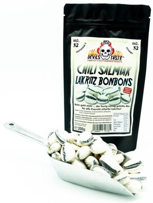 No.32 Chili Salmiak Lakritz Bonbon   gefüllt   scharf & salzig 200 g Hotskala 5