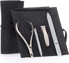 4Pc Manicure Set in Black Suede Case - FINOX Stainless Steel Tools Made in Germa