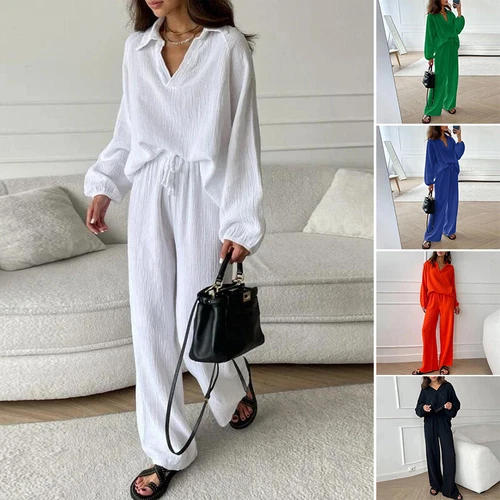Women V Neck Long Sleeved Top Loose Casual Drawstring Pants Set 2Pcs Set Summer - Picture 5 of 28